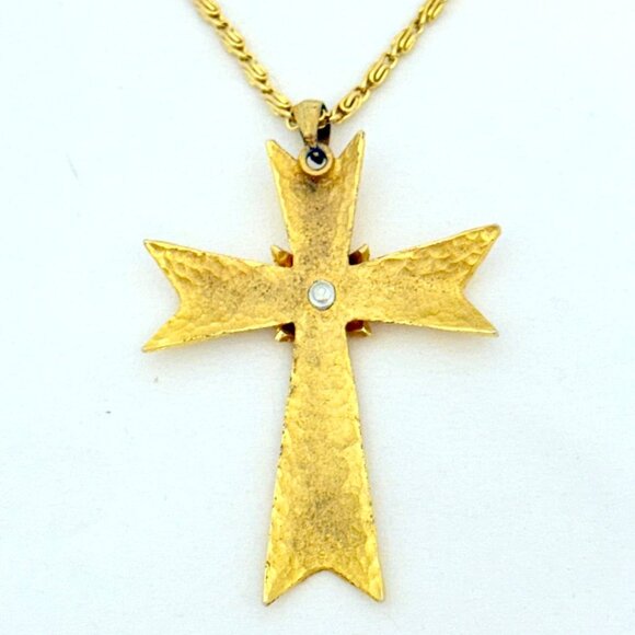 Large Hammered Texture Gold Tone Vintage Cross Pendant w/Classic Snail Chain 23" - Picture 5 of 7